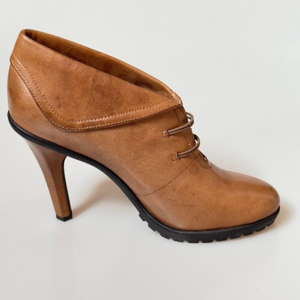 Women's Ankle Boots Me Too Jansyn Brown Leather Faux Laced High Heel Sculptured - Picture 8 of 16